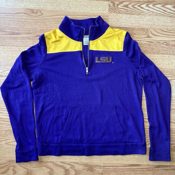Victoria Secrets PINK LSU Tigers Sequin Tigers Half Zip Pullover M Purple Gold - Picture 1 of 6